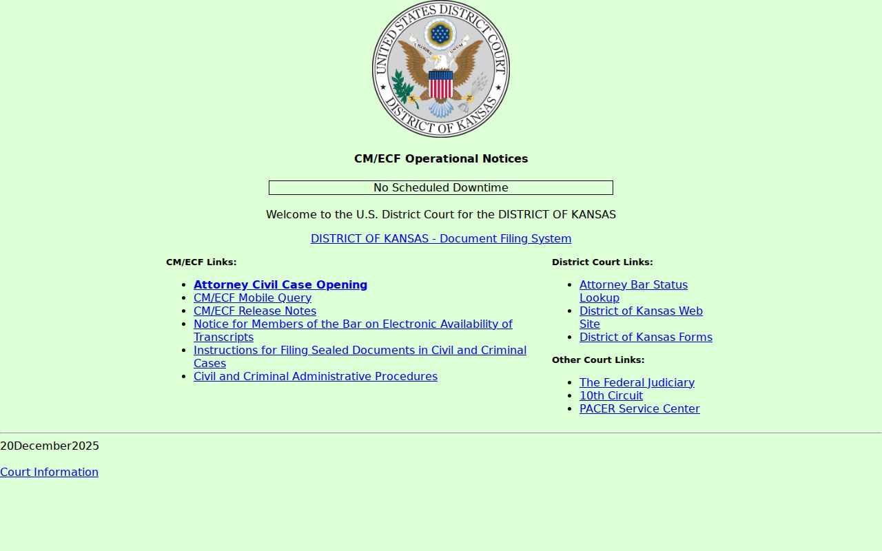 District of Kansas CM ECF page and federal query links