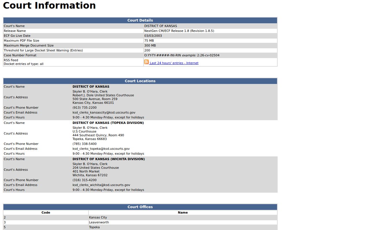 District of Kansas federal ECF technical and case number information