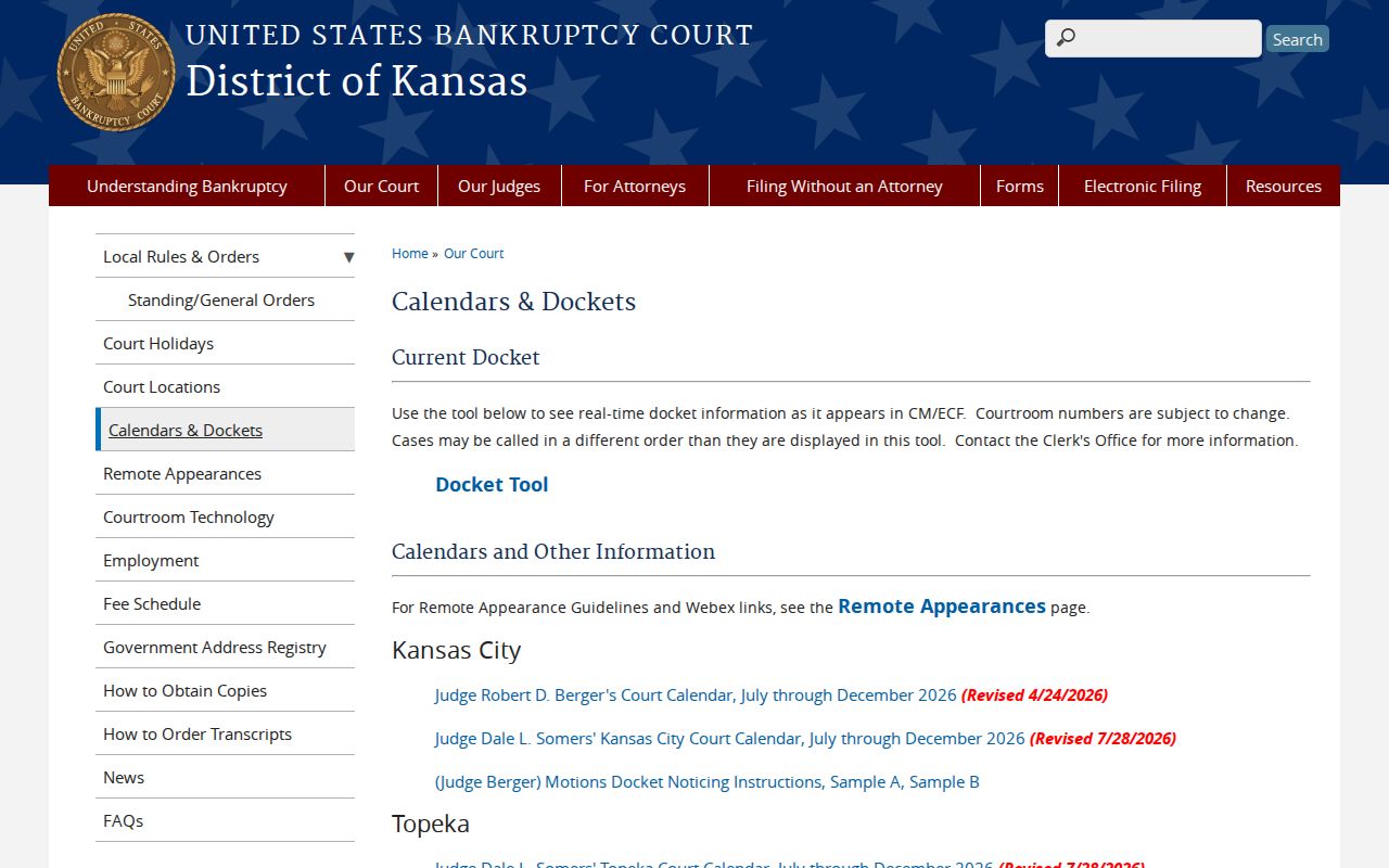 Kansas federal bankruptcy docket and calendar entry page