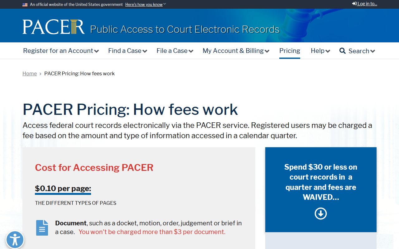 PACER federal docket fee and quarterly waiver information