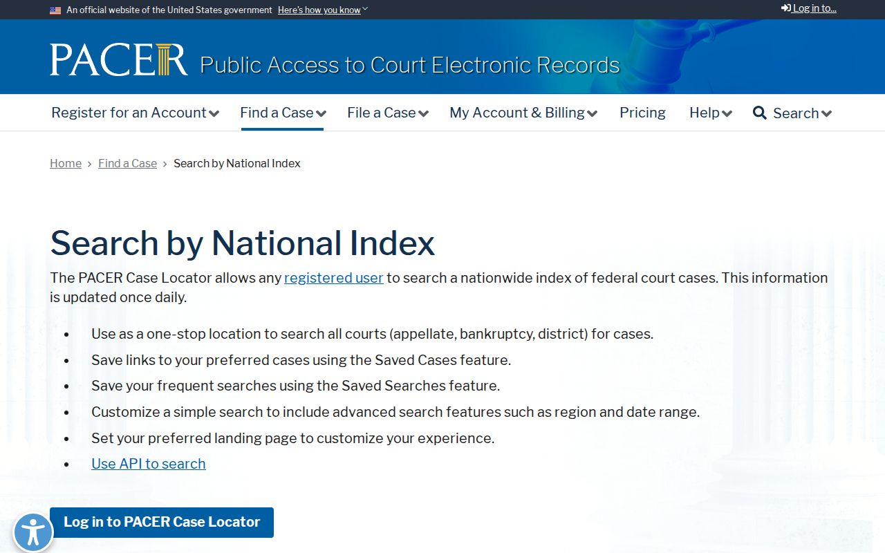 PACER national federal case locator search route